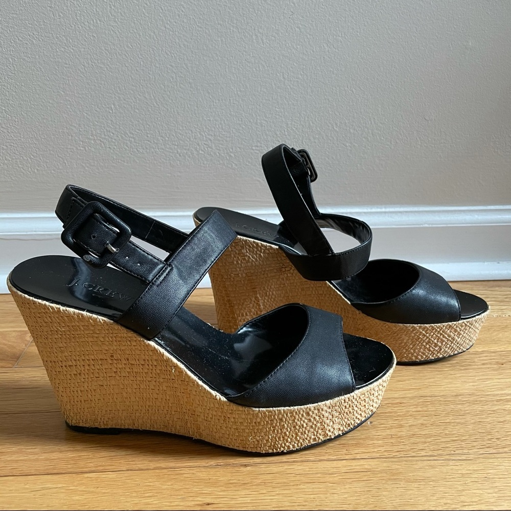 J. Crew Leather Raffia Platform Wedge Sandals 8 Bl